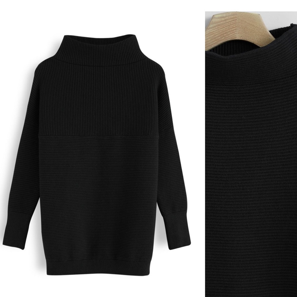 Chicwish Black Ribbed Funnel Neck Sweater
